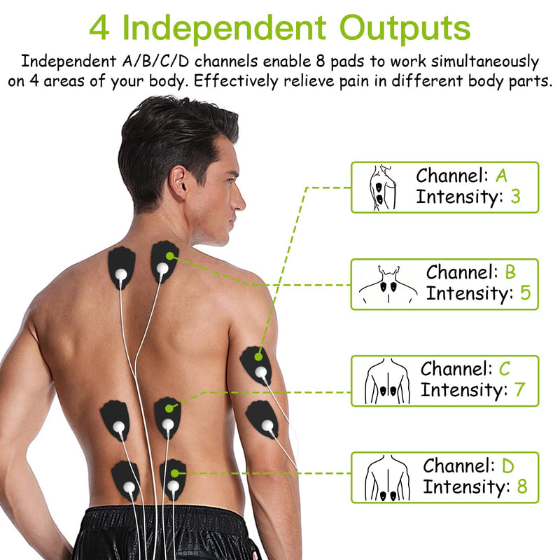 [Australia - AusPower] - DOMAS TENS Unit with 4 Channel Outputs, TENS EMS Unit Muscle Stimulator for Back Pain Relief, Portable & Rechargeable Nursing Machine Device with 24 Modes Electronic Pulse Massager & 16 Pads 