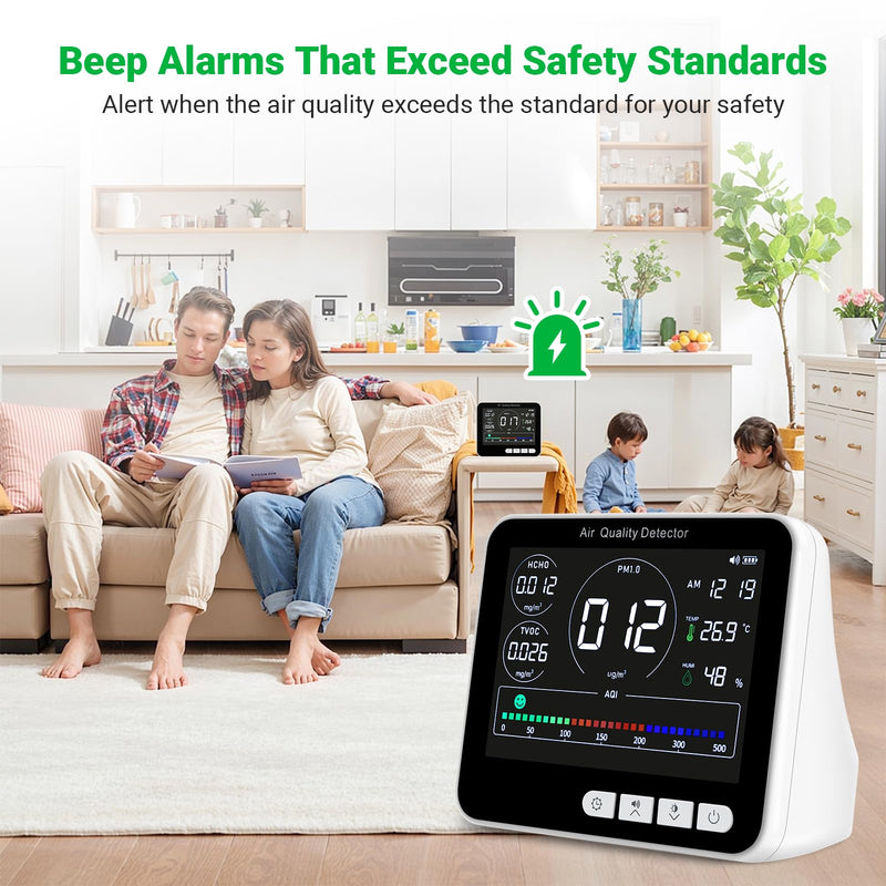 [Australia - AusPower] - BIBIRE 14-in-1 Air Quality Monitor Indoor with Beep Alarm, 6 AQI Air Detector with PM1.0|PM2.5|PM10|HCHO|TVOC|AQI|Temperature|Humidity|Time for Home, Hotel, Office, Car, Battery Powered 