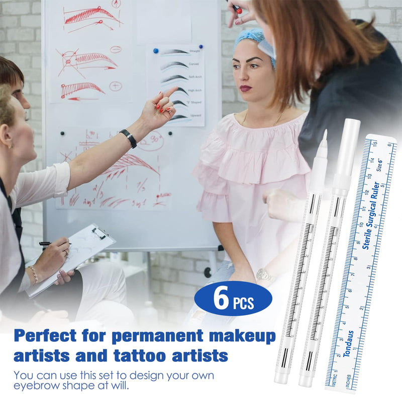 [Australia - AusPower] - 6Pcs Professional Surgical Tip Skin Marker Pen White Stencil Markers Pen with Paper Ruler for Eyebrow, Tattoo Skin Marking Individually Wrapped 1.0 MM 