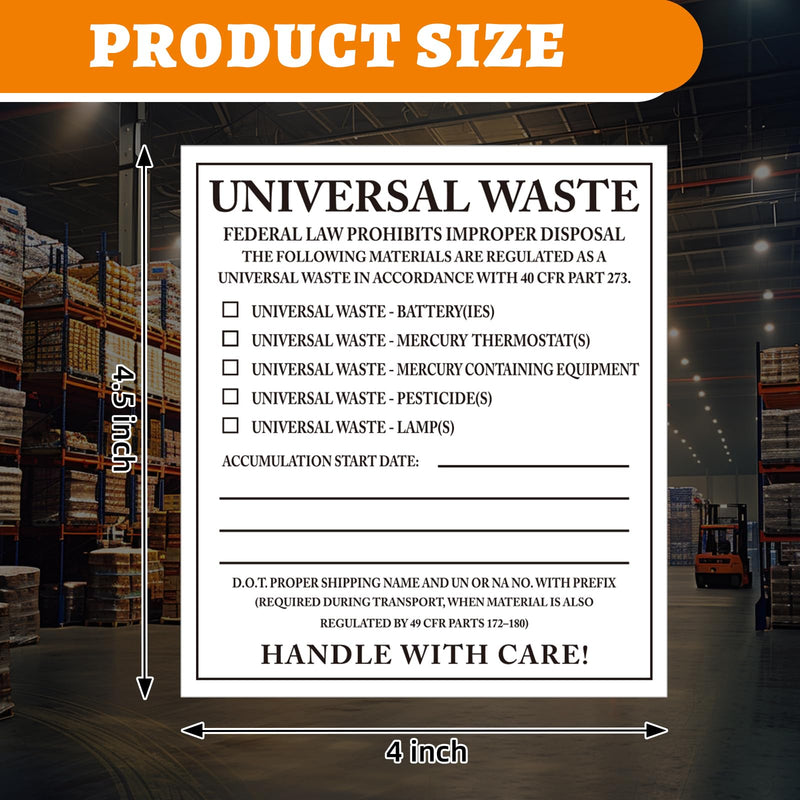 100 Pcs Universal Waste Labels - 4 x 4.5 Inch PVC-Free Film Hazardous Waste Labels Vinyl Material for Industrial Workplace, Factories, and Warehousing Environments