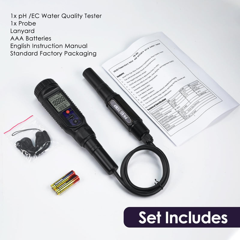 [Australia - AusPower] - pH Meter for Food 3-in-1 Digital pH EC Temperature Meter with ATC, Food pH Tester for Checking Fermentation/Bread Dough/Sausages, Waterproof pH Probe Meter for Cosmetics, Solid and Soft Soil Sample 