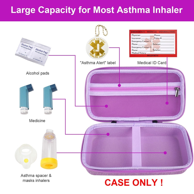 [Australia - AusPower] - MGZNMTY Travel Carrying Case Compatible with Asthma Inhaler Spacer for Adults and Children, Masks, Inhaler Holder with Asthma Alert Tag and Medical Card, Carabiner (Only Case) (Purple) Purple 