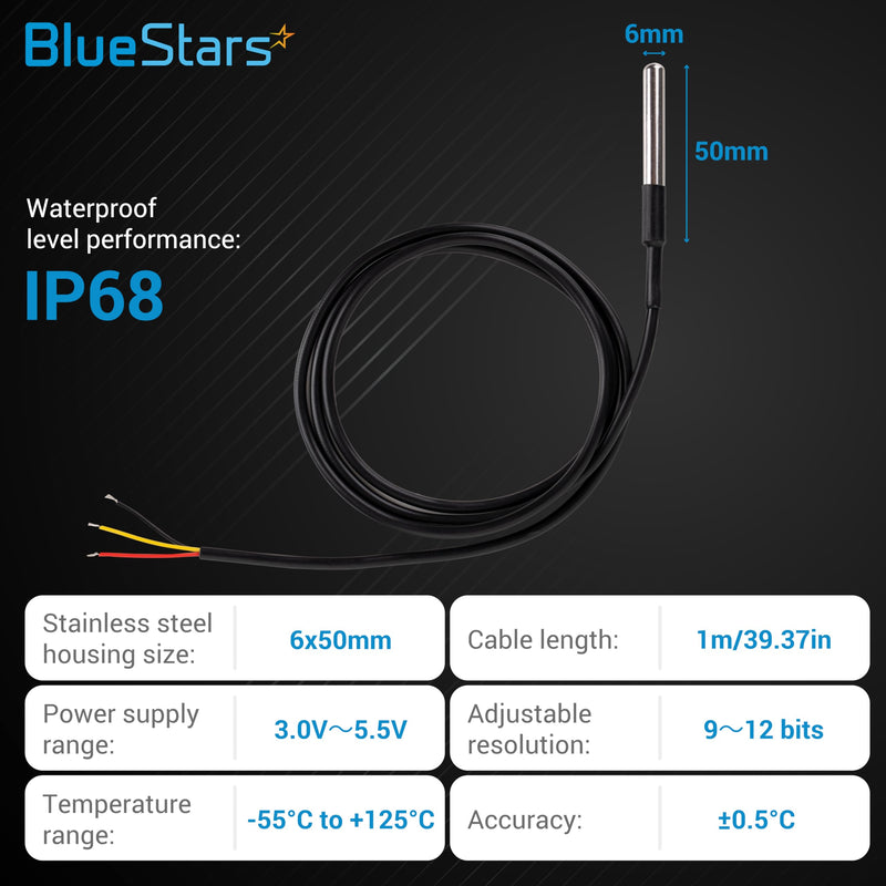 [Australia - AusPower] - BlueStars Pack of 5 DS18B20 1-Wire Temperature Sensor Waterproof Digital Stainless Steel 1m/39.37 inch - Measure Range -55°C to 125°C Used for Arduino Raspberry Pi and Others 