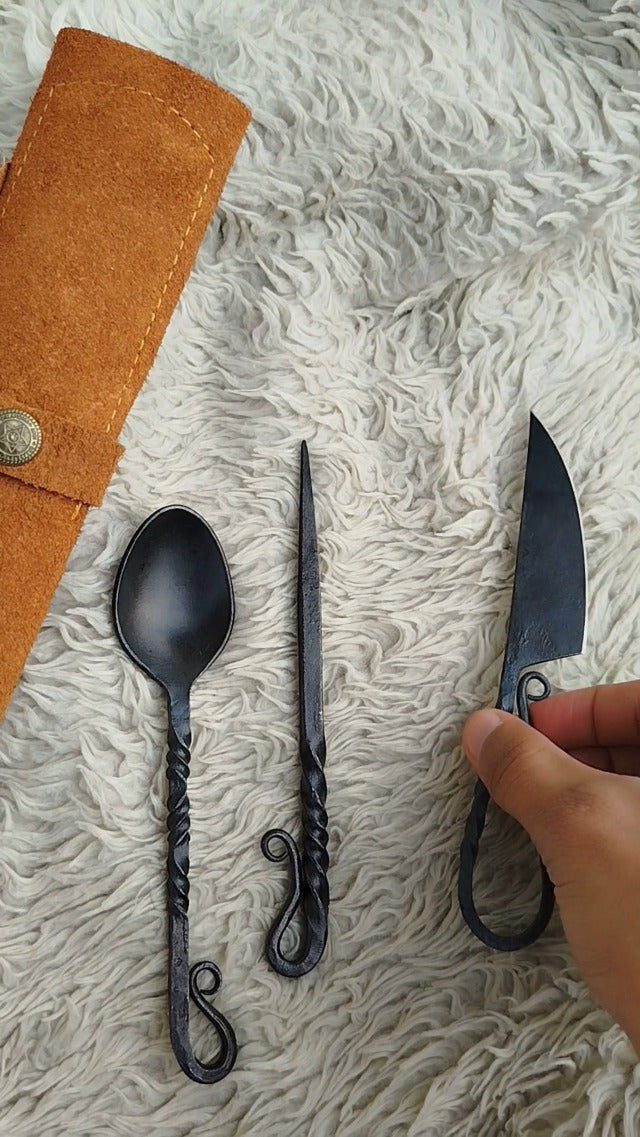 Hand Forged Medieval Cutlery Set - Viking Silverware Set With Leather Cover Black