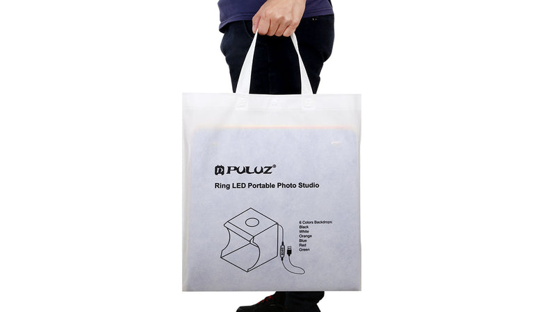 PULUZ 30cm Ring Light Photo Studio Light Box, Adjustable Portable Photography Shooting Light Tent Kit with White/Warm/Soft Lighting 128pcs LED Lights + 6 Backdrops for Product Display 12*12 Inch - A