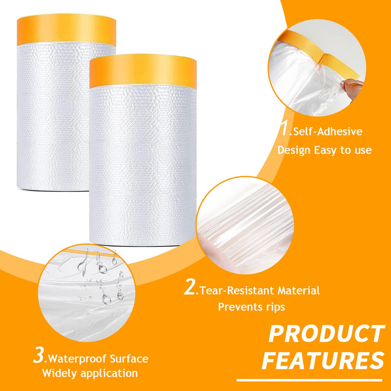 Painters Plastic with Tape 22" x 66',Pre-Taped Masking Film for Painting,Paint Protection Film with Built-in Tape, Drip-Free Painting for Cars,Walls, Floors, Furniture（2 Rolls） 22" x 66' 2 rolls