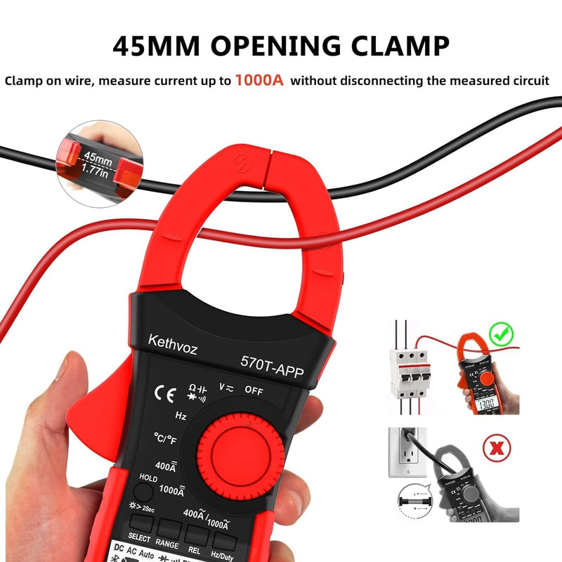 [Australia - AusPower] - 570T-APP Digital Clamp Meter, 4000 Counts Bluetooth Multimeter, 1000A AC/DC Amp Voltage Tester, Measures Ohms, Capacitance, Frequency, Temperature, Diode, Continuity Test with Data Logging 