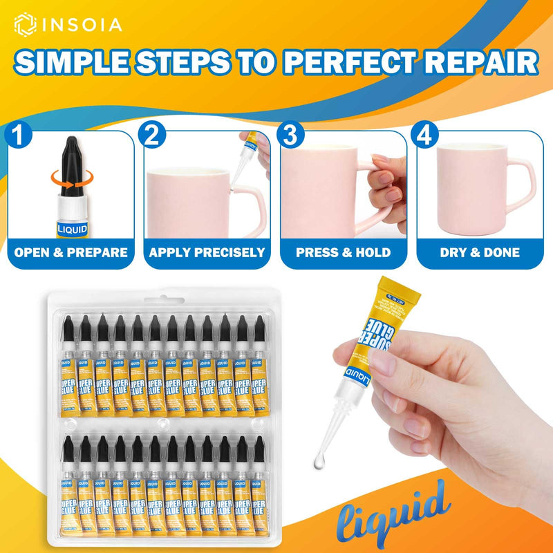 [Australia - AusPower] - Super Glue Liquid Clear, 24 X 3g All Purpose Strong Adhesive Ca Glue Cyanoacrylate Quick Dry Instant Glue for Plastic, Metal, Ceramic, Shoe, Wood, Leather, Model, Rhinestone, Jewelry and DIY Crafts 