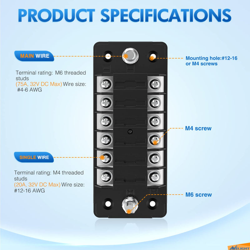 [Australia - AusPower] - Nilight 6 Way Fuse Block with Negative Bus 12V Blade Fuse Holder ATC/ATO Standard Fuse Box Label Stickers Waterproof Cover Fuse Panel for Automotive Cars Trucks RVs Campers Vans, 2 Years Warranty 