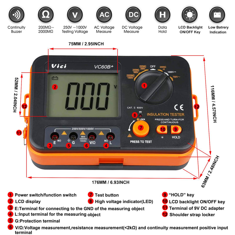[Australia - AusPower] - Digital Insulation Resistance Tester VICI VC60B+ Megohm Meter DC250/500/1000V AC750V Double Alarm Backlight LCD Display&Data Hold OHM Meter DCV ACV Megohmmeter 