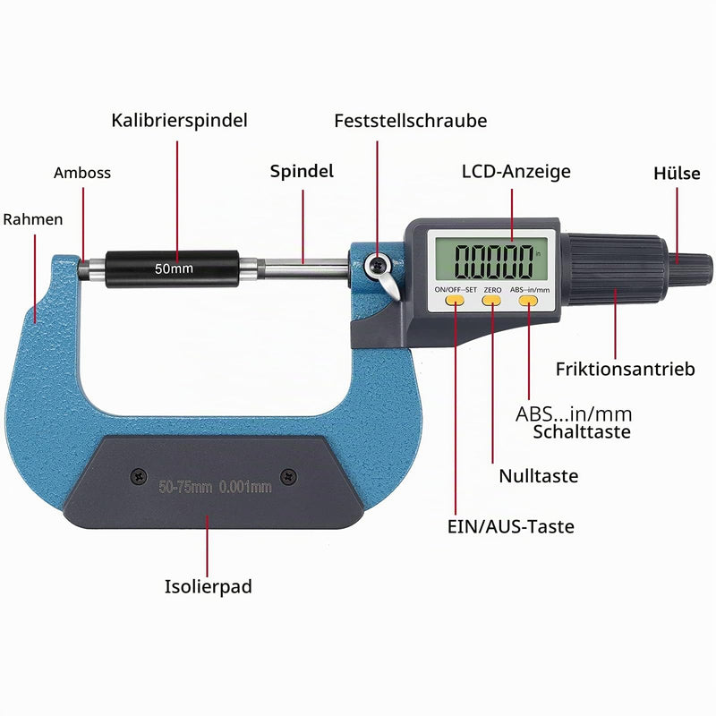 XUNTOP Micrometer Digital 50-75 mm Electronic Micrometer High Precision Outside Micrometer with LCD Display Length Measuring Tool Micro Caliper 0.001 mm / 0.00005 Inches