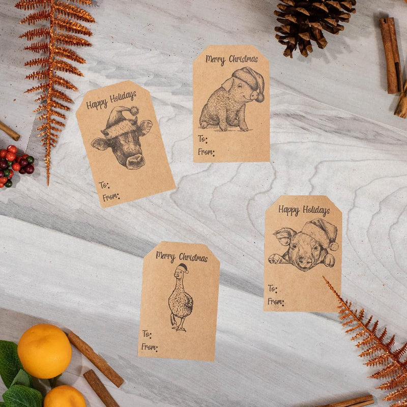 Natural Kraft Country Christmas Gift Tag Stickers – 2 x 3 Inch Vintage Farm Animal Designs – 100 Adhesive Labels Featuring Cow, Goose, and Pig – Eco-Friendly, Made in USA
