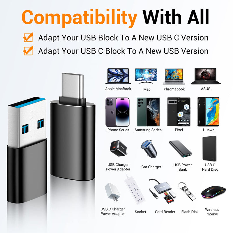 [Australia - AusPower] - Temdan USB to USB C Adapter 4 Pack,【2*Type C Female to A Male Charger Converter】&【2*USB C Male to USB Female】 for Apple Watch Ultra 8 9,iPhone 15 Pro Max 14 13 12,AirPods,OTG Adapt USB to USB C-Black Black 