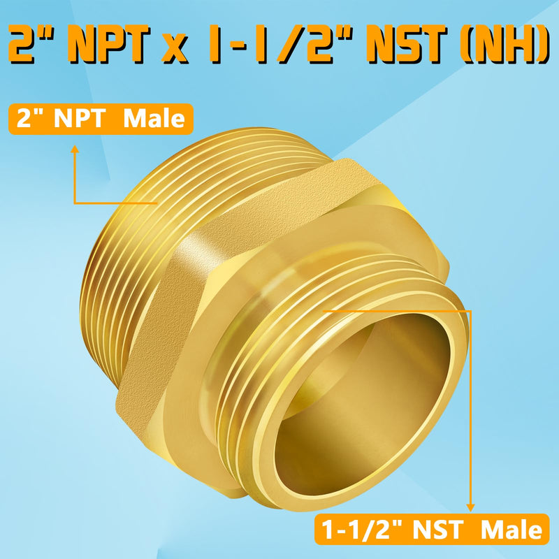 [Australia - AusPower] - Fire Hydrant Hex Nipple, 2" NPT x 1-1/2" NST (NH) Male Fire Hydrant Hose Adapter Fitting Double Male Brass Fire Hydrant Connector 2" NPT Male x 1-1/2" NST Male 