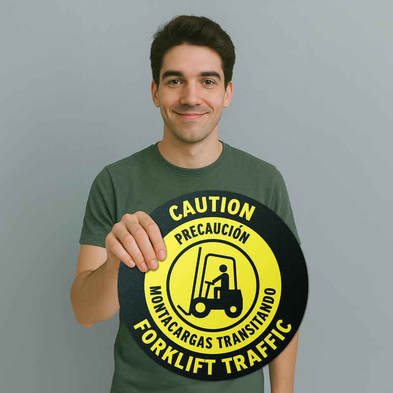 17" x 17" Round Yellow Bilingual Caution Forklift Sign | Round, Yellow Floor Sticker, Work & Warehouses, Construction Sites, Distribution Centers 2 Pack Caution Forklift Traffic (Bilingual)
