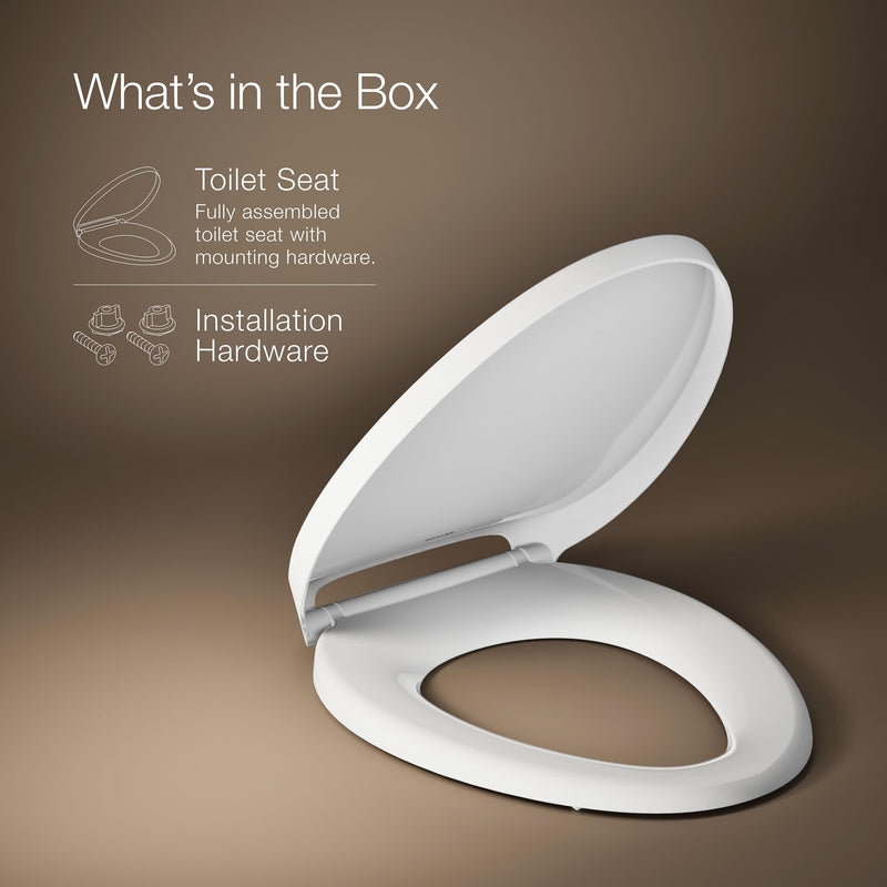 KOHLER K-28004-0 Drift ReadyLatch Quiet Close Elongated Toilet Seat, White, Grip-Tight Installation, Slam Prevention