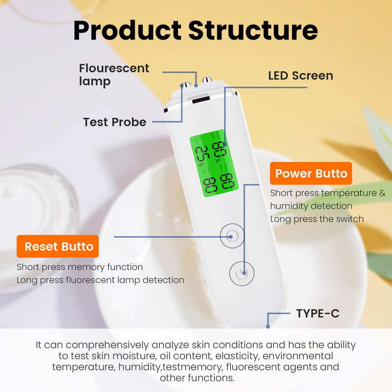 Professional Skin Moisture Tester, Digital Facial Oil Detector, High Precision Skin Hydration Analysis Meter, Hydration monitor,Portable Skin Analyzer with LCD Display & Fluorescent Agent Detection