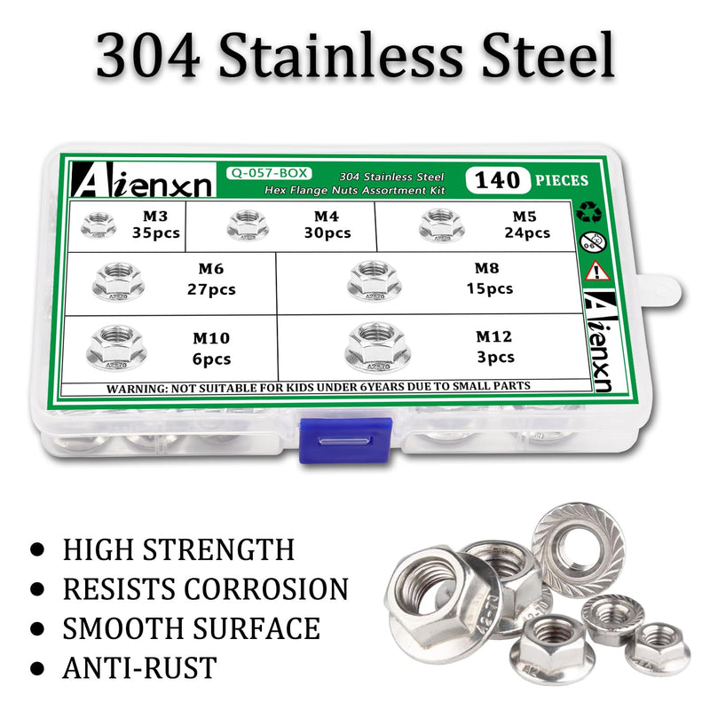 140PCS 7 Metric Sizes 304 Stainless Steel Hex Flange Nuts Assortment Kit -M3, M4, M5, M6, M8, M10, M12 M3-M12 (140PCS)