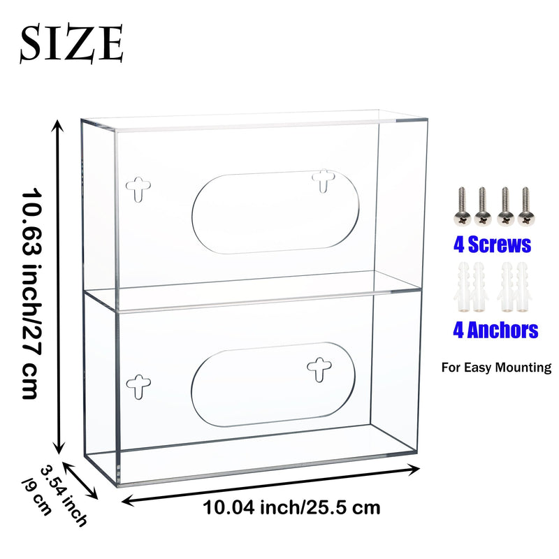 Double Glove Box Holder Wall Mount, Side-Load Acrylic Glove Dispenser - Clear Medical Storage Organizer for Lab, Hospital, Kitchen,- 10 x 3.54 x 10.6 IN - Quick Access & Easy Refill Double