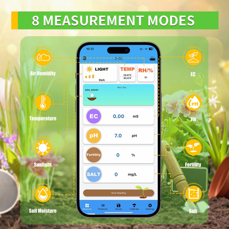 [Australia - AusPower] - Soil Moisture Meter for Plants, 8-in-1 Soil pH Meter for Moisture, Light, pH, EC, Fertility, Salt, Temp, Air Humidity, Soil pH Test Kit Great for Garden, Lawn, Farm, Indoor & Outdoor Use 