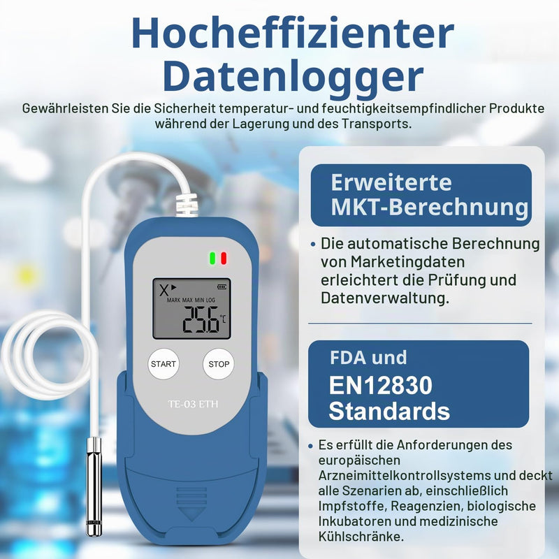 ThermElc TE-03 ETH External Data Logger Temperature Humidity with External Probe, MKT Calculation, 32,000 Points, Automatic PDF/CSV Creation, Reusable USB Recorder for Laboratories TE-03 ETH 1PCS