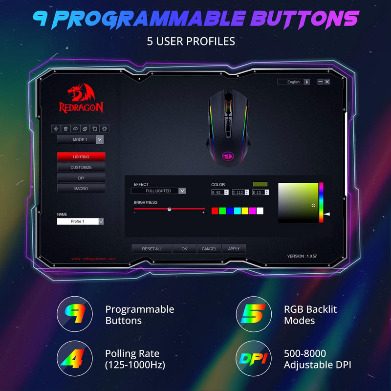 [Australia - AusPower] - Redragon Gaming Mouse, Wired Gaming Mouse with RGB Backlit, 8000 DPI Adjustable, Mouse with 9 Programmable Macro Buttons & Fire Button, Software Supports DIY Keybinds, M910-K Black 