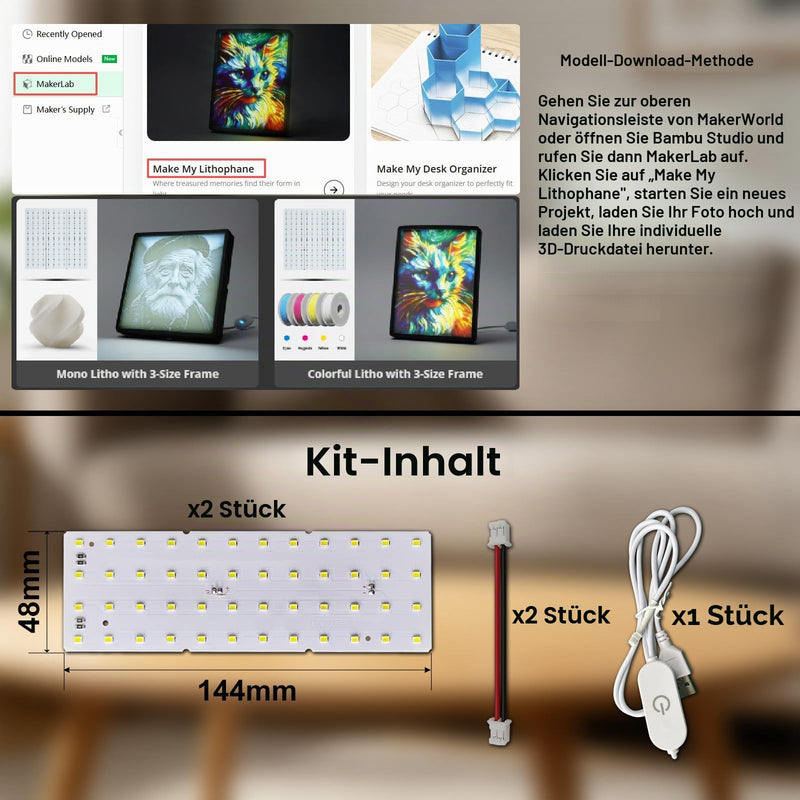 Lithophane LED Backlight Board Kit KC009 KC010.96x144 mm 192x144 mm For Bambu Lab H2C/P2S/A1, LED Light Panels Backlights, USB 3D Printing Photo Light Box Pack of 2 2 Pcs Lithophane