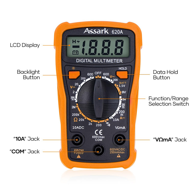 [Australia - AusPower] - Digital Multimeter Voltage Tester, Assark 2000 Counts Multimeter Measure AC DC Voltage DC Current, Meter Tester Test Volt Ohm Amp Diode Continuity,Resistance,Backlit LCD Display,Data Hold Function 