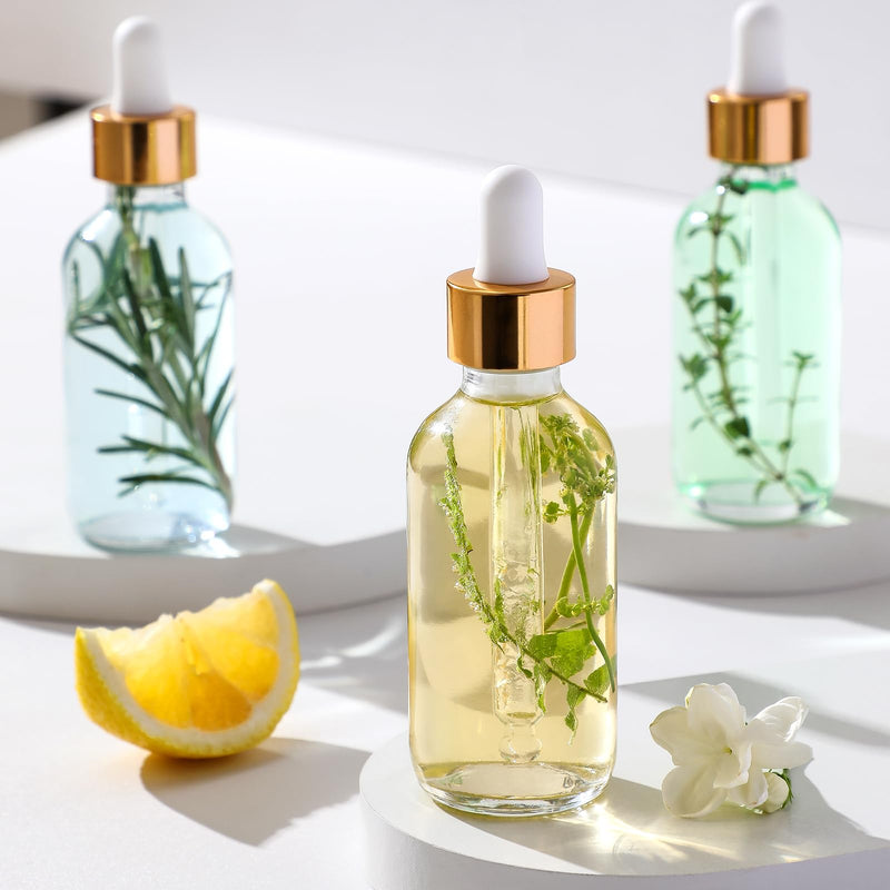 [Australia - AusPower] - AOZITA Set of 4, 2 oz Golden Cap Clear Dropper Bottles (60ml) with 1 Funnel & 4 Labels - Glass Tincture Bottles for Essential Oils with Eye Droppers - Leak Proof Travel Bottles for Liquids 