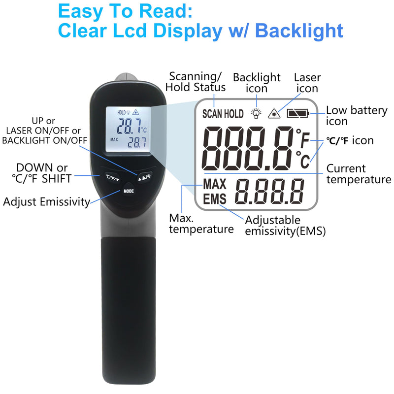 [Australia - AusPower] - hito Infrared Thermometer Gun Laser Temperature Gun -58°F to 1112°F, Temp Gun for Pizza Oven, Cooking, Refrigerator, Pool, Reptiles, Air Conditioner, for Surface Temperature of Meat, Food, Liquid Yellow 