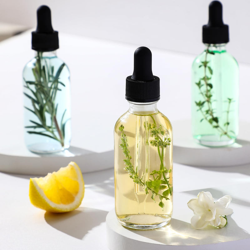 [Australia - AusPower] - AOZITA 4 Pcs, 2 oz Clear Eye Dropper Bottles with 1 Stainless Steel Funnels & 4 Labels - Black Caps 60ml Thick Glass Tincture Bottles - Leakproof Essential Oils Bottle for Storage and Travel Blank Dropper 