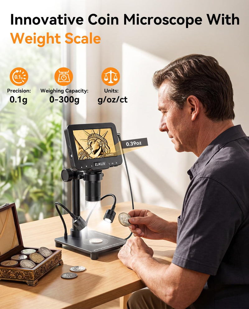 Elikliv Microscope with Weighing Scale, Digital Magnifier for Error Coins, Jewelry Magnifying Glass with Lights, 4.3" LCD Screen 12MP Camera 1080P Video USB PC View for Adults Collectors Supplies Black