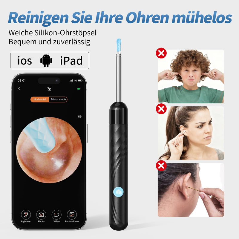 Qimic Visual Ear Cleaner with WiFi, IP67 Waterproof and 360° Wide Angle Camera with 6 LEDs for Adults and Children, Black