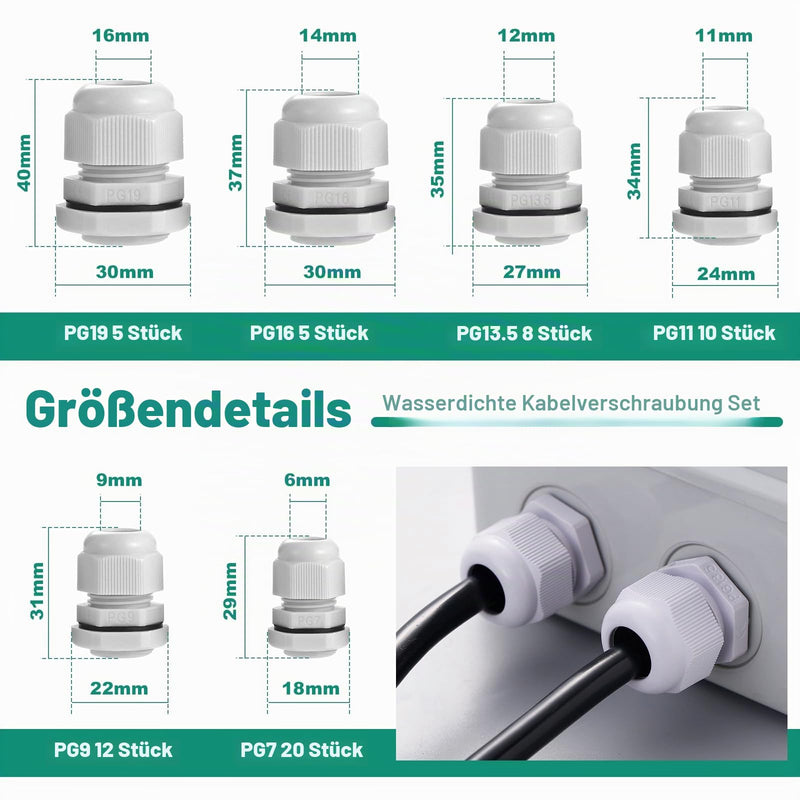 60-Piece Cable Gland Set, Cable Grommet, Waterproof | PG7 PG9 PG11 PG13.5 PG16 PG19 Nylon Cable Glands Adjustable Closure Cable Gland Set with Lock Nut White 60pcs Pg7/Pg9/Pg11/Pg13.5/Pg16/Pg19
