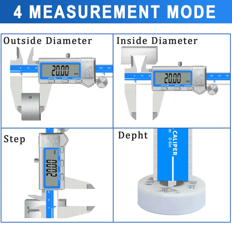 Digital Caliper 6 Inch Measuring Tool Stainless Steel Vernier Caliper Digital Micrometer with Large LCD Screen,Auto-Off Feature, Inch/Millimeter/Fraction Conversion Measuring Tool Caliper