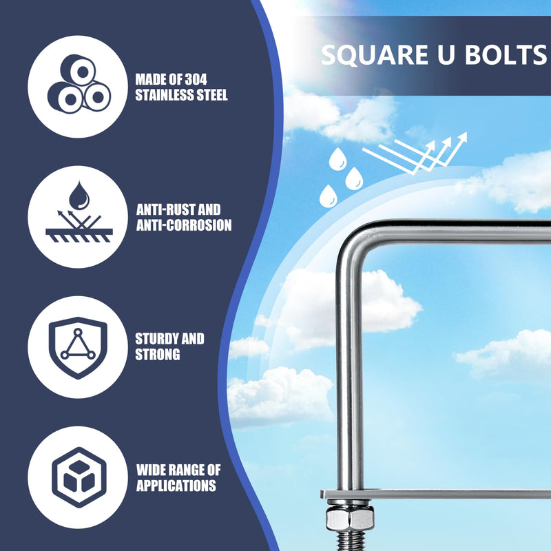 [Australia - AusPower] - 2 Sets M8 Square U-Bolts,u-Bolts 2 inch Wide,304 Stainless Steel Square u-Bolts,with Nuts,Bolt Plate and washers (2, M8 x 50mm x 100mm) 