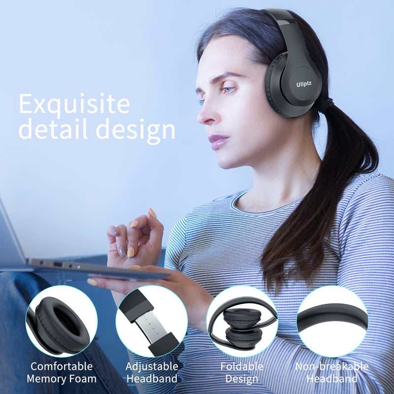 [Australia - AusPower] - Uliptz Wireless Bluetooth Headphones, 65H Playtime, 6 EQ Sound Modes, HiFi Stereo Over Ear Headphones with Microphone, Foldable Lightweight Bluetooth 5.3 Headphones for Travel/Office/Cellphone/PC Black 