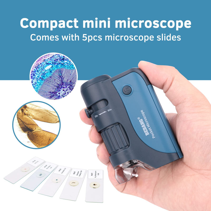 [Australia - AusPower] - Pocket Microscope, 60x-120x Handheld Mini Microscope Kids with LED Lights, 5 Slides Specimens, BEBANG Portable Microscope for Kids Student Adults Microbiological Observation Lab Study, Educational Kit Blue-120X 