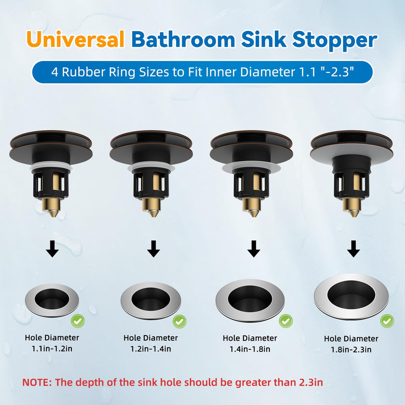 iFealClear 2 Pack Universal Bathroom Sink Stopper, Pop Up Sink Drain Strainer with Hair Catcher, Fit 1.1"-2.36" US Basin, Wash Basin Drain Plug with Big Cover Cap, Brass Bounce Core, Oil Rubbed Bronze Oil Rubbed Bronze Finished