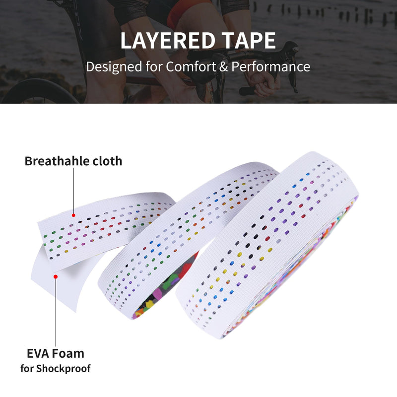 Road Bike Handlebar Tape, Silicone Surface Non-Slip Bicycle Bar Tape, Shock Absorbing Drop Bar Wrap, White Confetti Stitch Pattern, 2 Rolls White Rainbow Set of 2