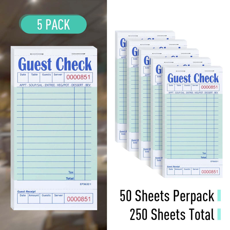 [Australia - AusPower] - Guest Check Books for Servers, 5 Pack of EP-3632-1 Server Note Pads, Thick Server Paper with Guest Receipt, Waitress Notepads - 250 Orders Total (Green, 6.75"x3.5") 5 Pack--Green 