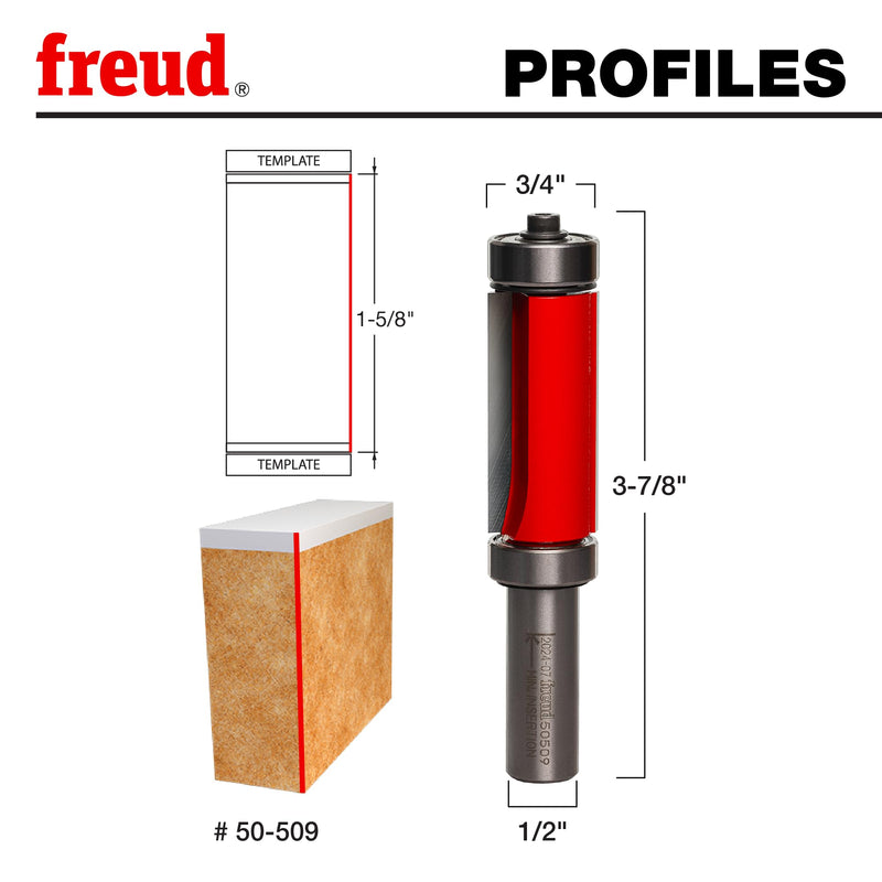 Freud 50-509: 3/4" (Dia.) Top & Bottom Bearing Flush Trim Bit with 1/2" Shank Red