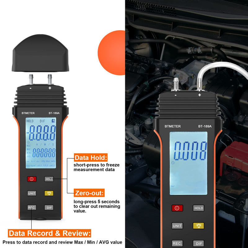 [Australia - AusPower] - BTMETER Manometer HVAC Gas Pressure Tester 189A, Dual-Port Air Pressure Meter Gauge with Hose Kit Measure Static Pressure Differential Gas Pressure for Furnace Water Column Orange 