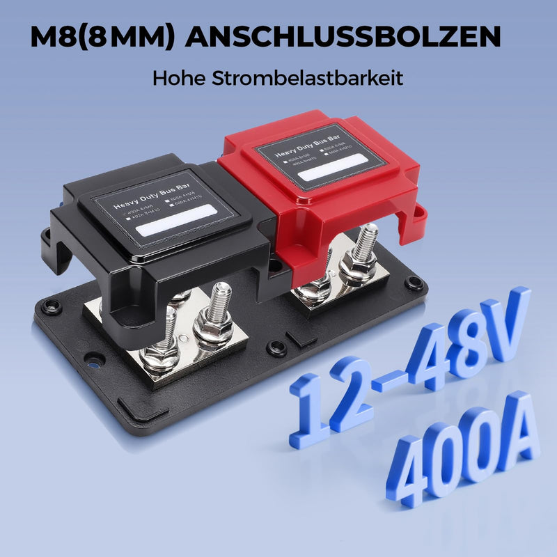 8 x M8 Busbar Power Distribution 12 V 24 V 48 V DC 400 A Battery Connection Block High Current Distribution Strip for Car Caravan Boat Truck Solar System Power Supply with Red and Black Lid