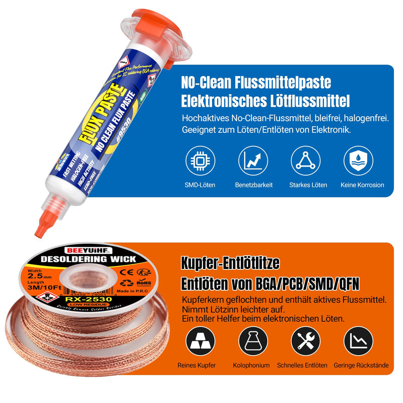 Rosin Soldering Pastes Flux (10 cc Syringe) with Desoldering Wire (3 m / 10 ft 2.5 mm) for Electronics Soldering Repairs Kit