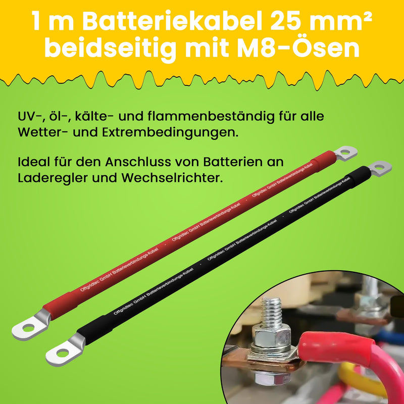 Offgridtec 1 m Battery Cable 25 mm² on Both Sides M8 Eyelets Flame Retardant | Oil, cold and UV resistant, for devices with M8 screw terminal, charge controller, inverters and battery chargers (red/black) 1m battery cable 25mm² M8 eyelets on both sides