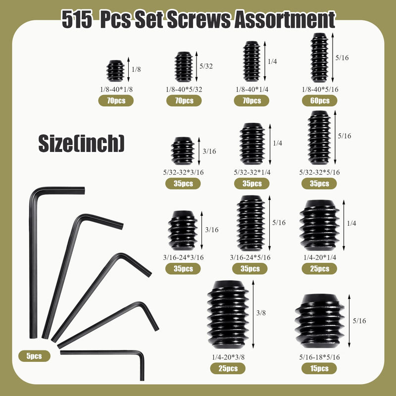 [Australia - AusPower] - 1317 Pcs 26 Size Metric + SAE Set Screw Assortment Kit Head Socket Hex Metric Set Screws Assortment Kit Black Zinc Plated 12.9 Alloy Steel Cup-Point Screws (M3-M8, 1/8"-40 to 5/16"-18) 