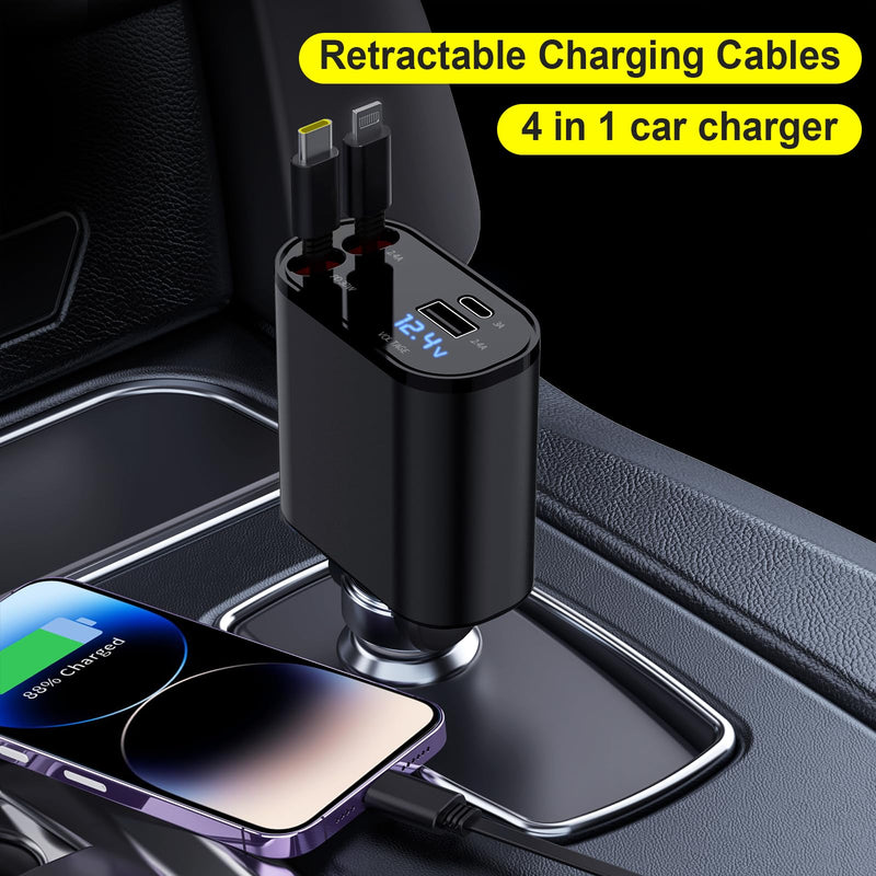 [Australia - AusPower] - Retractable Car Charger, 4 in 1 Fast Charging Car Charger 60W, Retractable Cable and 2 USB Ports Car Charger Adapter Compatible with iPhone 15 14 13 12 11 Pro Max, Galaxy S23, Pixel Car Charger Type C+Lightning-CL B 