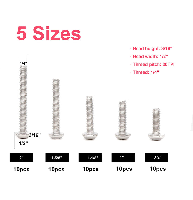 [Australia - AusPower] - binifiMux 50pcs 1/4-20 Inch Round Head Phillips Machine Screws Assortment Kit, 304 Stainless Steel Silver Tone, 1/4 x 3/4,1,1-1/8,1-5/8,2 Inch 1/4 x 3/4,1,1-1/8,1-5/8,2 Inch(50pcs) 