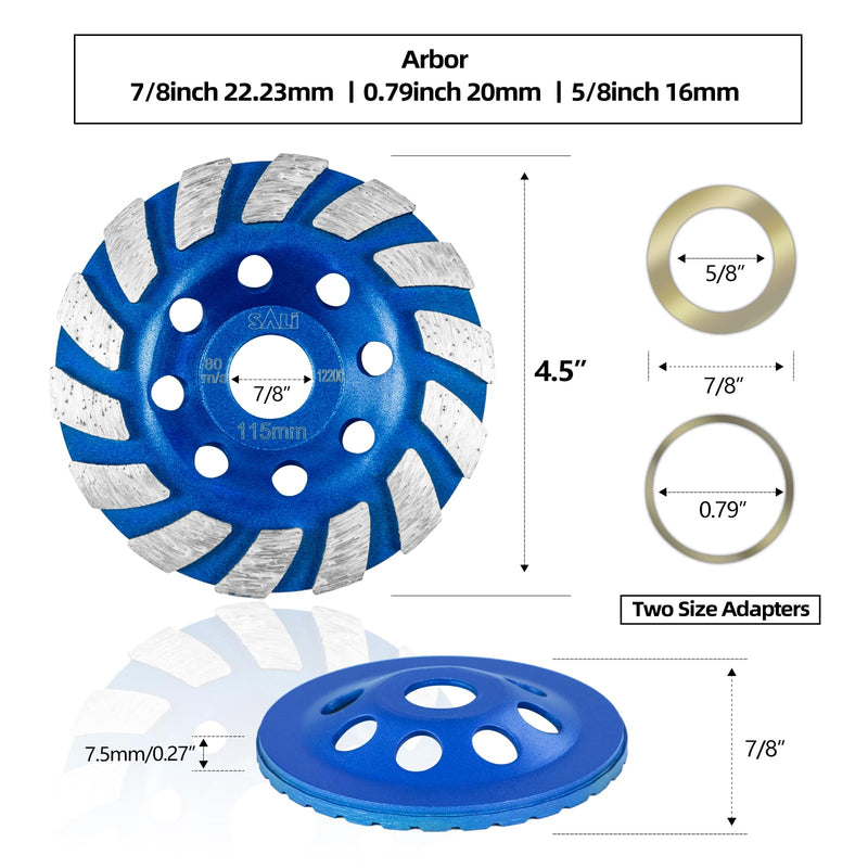 [Australia - AusPower] - SALI Diamond Concrete Grinding Wheel 4 1/2 inch for Polishing and Cleaning Stone Concrete Surface, Cement, Marble, Rock, Granite, and Thinset Removing, Angle Grinder Segment Wheels Cup 115 * 22.2MM Segment Turbo 1.0 